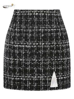 High Waisted Plaid Mini Pencil Skirt Wool Slit Bodycon Office